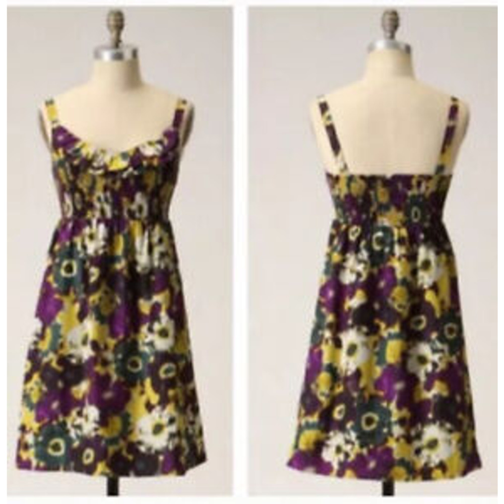 Anthropologie Maeve Pure Silk Giverny Watercolor Smocked Bodice Floral Dress